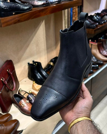 Black Calf Leather Chelsea Boots with Medallion Toe
