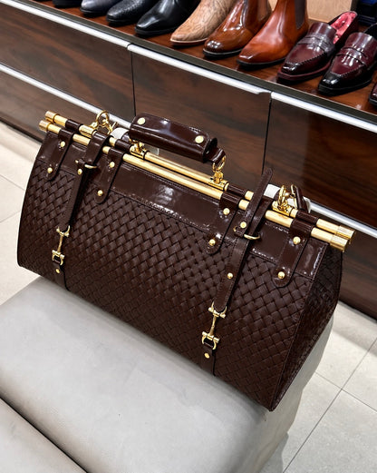 Dark Brown Hand-woven Leather Duffle Bag with Gold Pipe