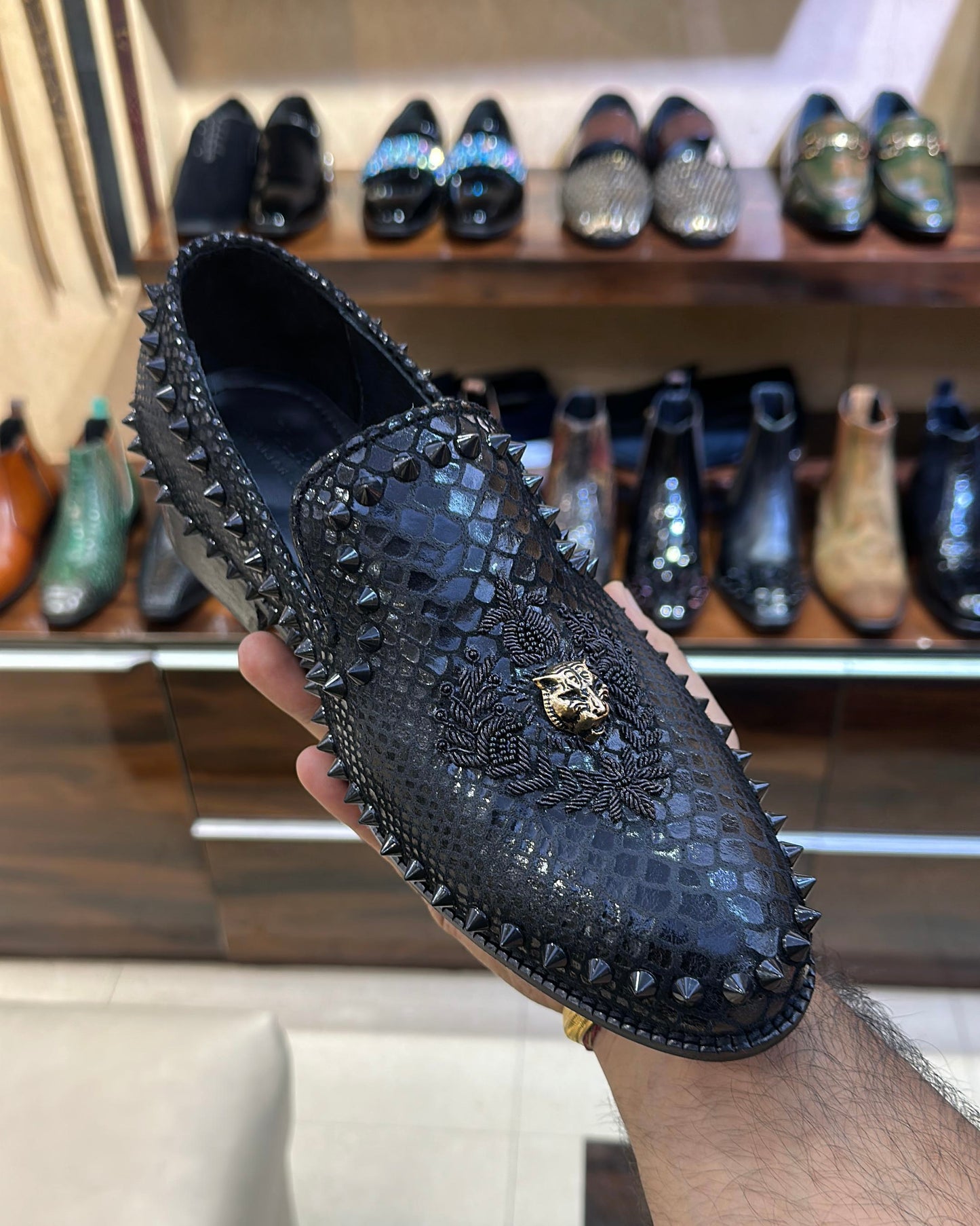 Signature Snake Foil Studded Embroidered Moccasins