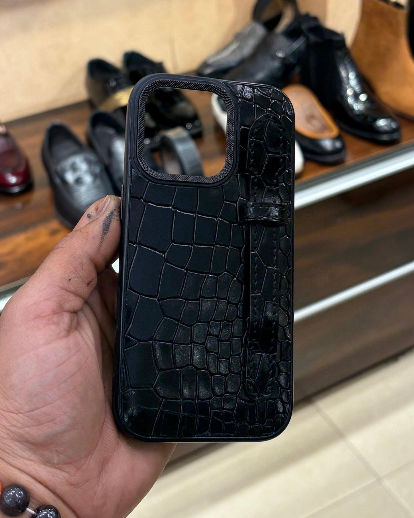 Black Crocodile Leather Mobile Cover With Holding Finger