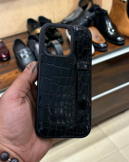 Black Crocodile Leather Mobile Cover With Holding Finger