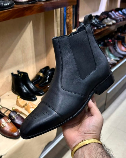 Black Calf Leather Chelsea Boots with Medallion Toe