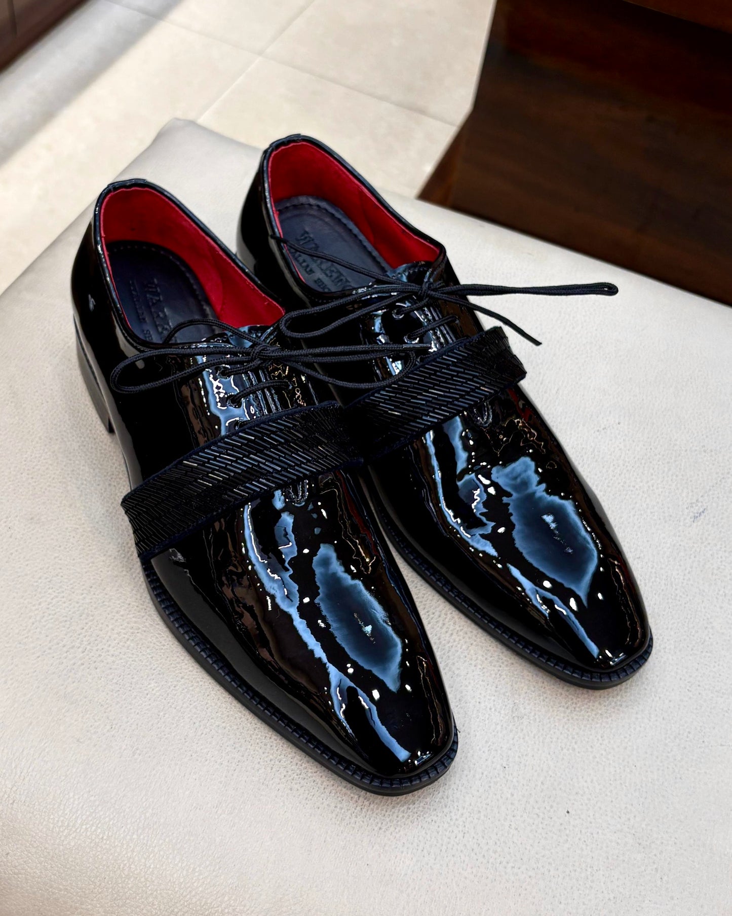 Black Tux Oxfords with Kutdana Embroidered Strap & Red Lining