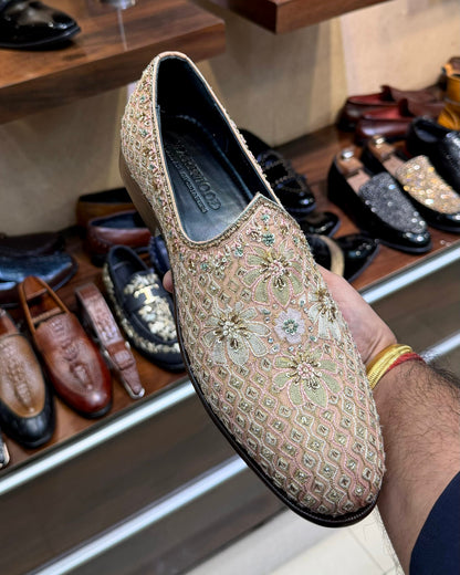 Limited Edition Floral Hand-embroidered Mojaris on Raw Silk