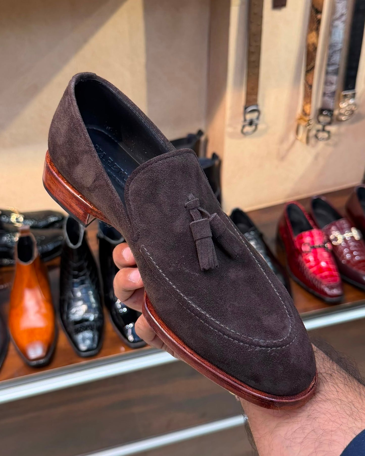 Italian Coffee Brown Suede Loafers With Tassels