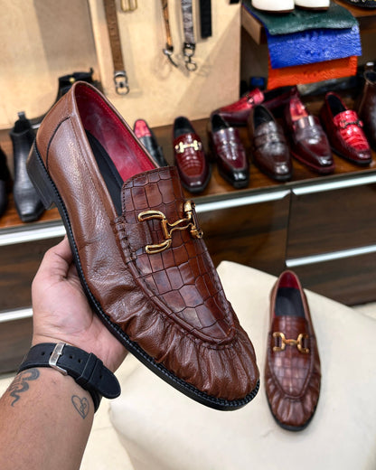 Brown Full Grain And Croco Leather Horsebit Loafers