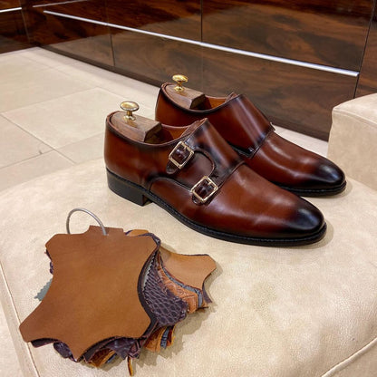 Cognac Patina Double Monks on Pure Italian Crust Leather