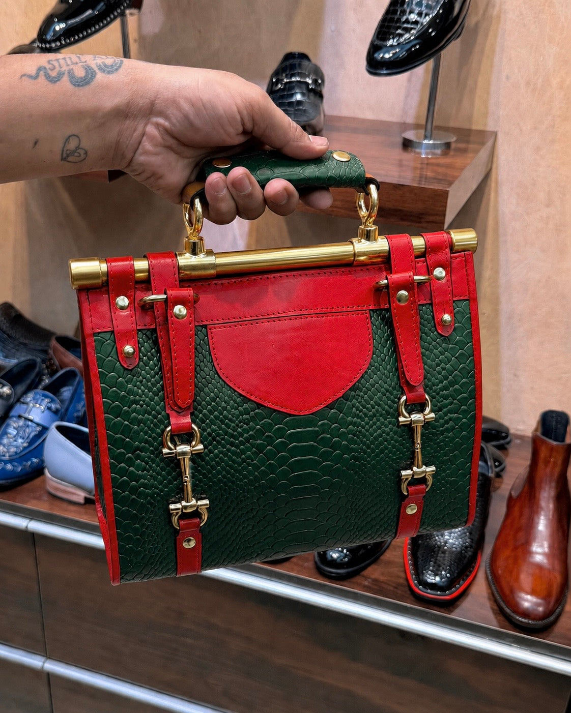 Dark Green And Red Handbag with Gold Pipe
