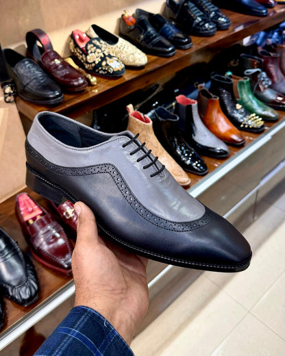 Black & Grey Side-wing Brogue Oxfords