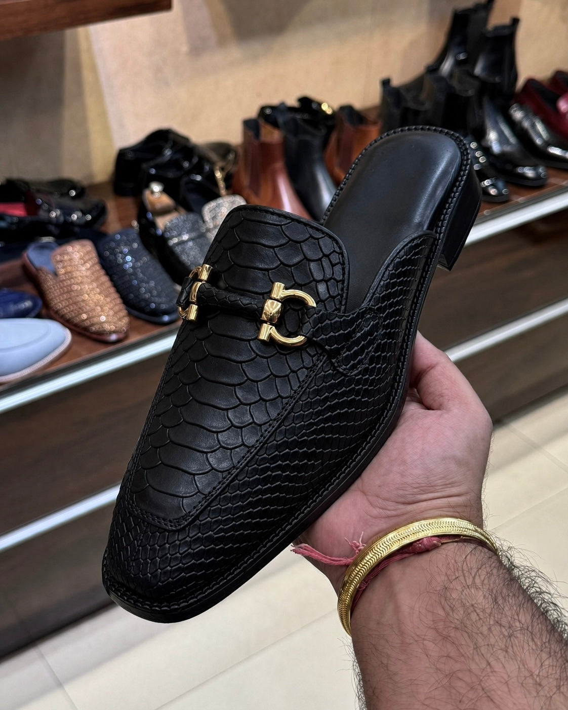 Black Cobra Scaled Gold Horsebit Mules