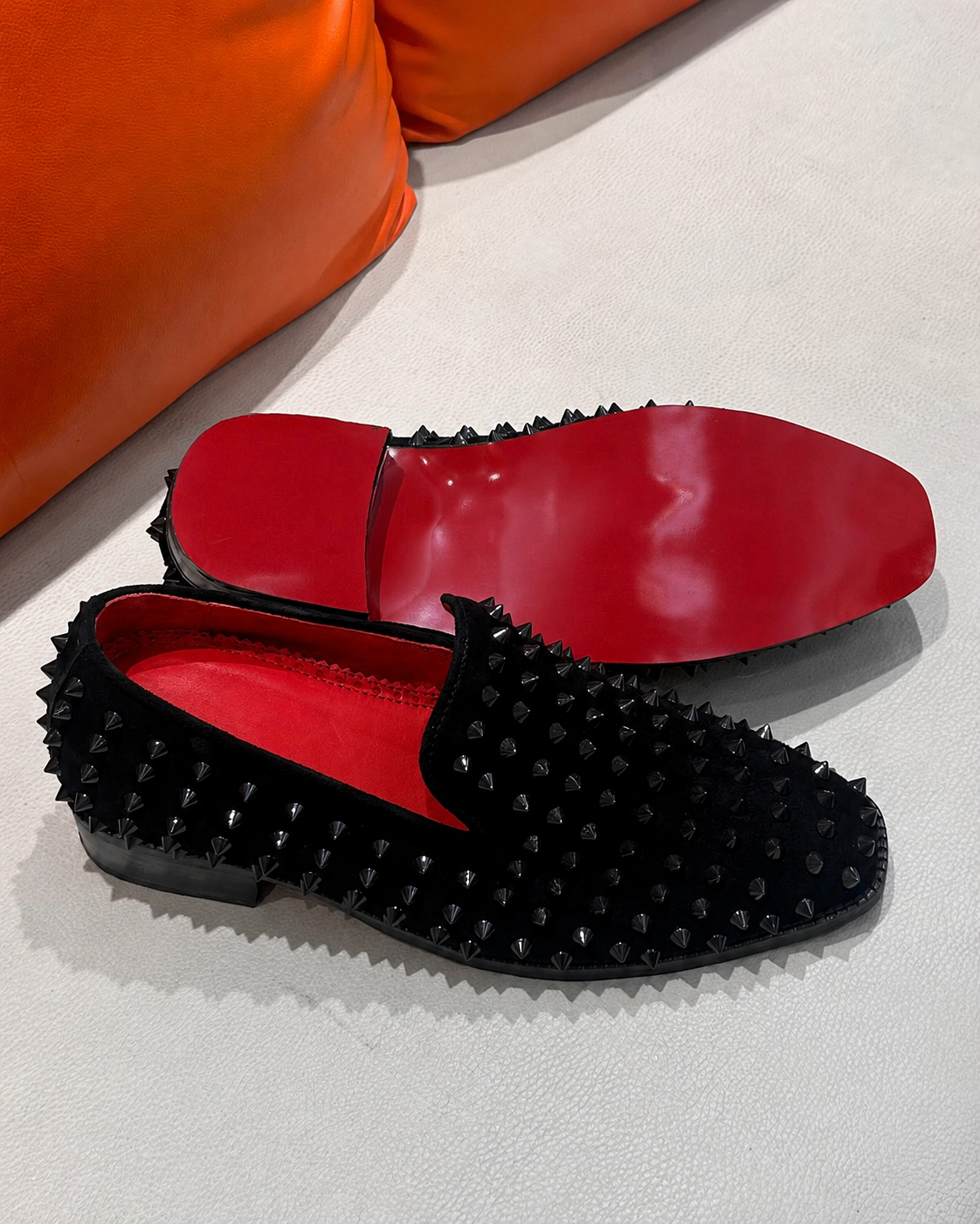 Black Suede Studded Loafers with Red Lining & Red Bottoms