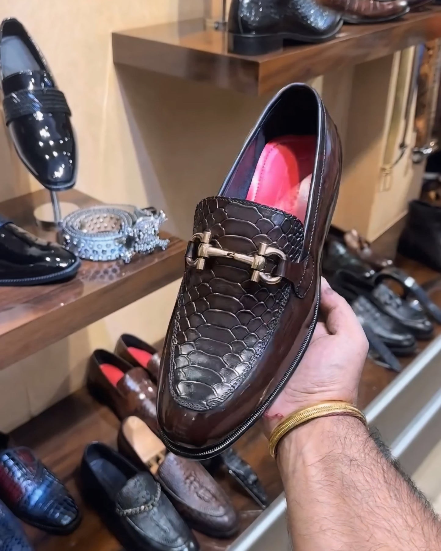 Dark Brown Cobra Scaled Spectator Moccasins
