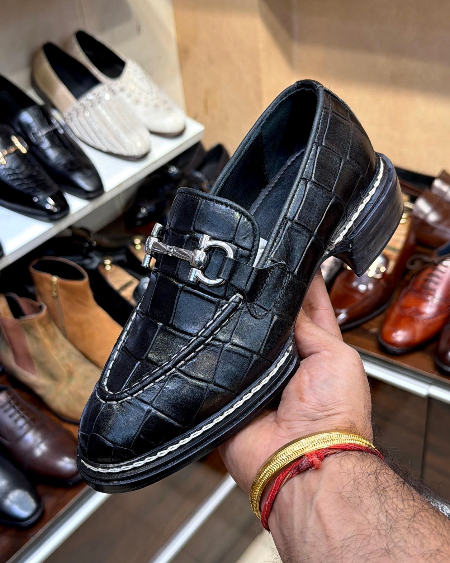Black Deep-cut Croco Apple Cut Horsebit Loafers