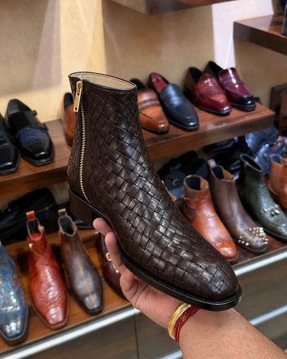 Dark Brown Hand-woven Leather Zip Boots With Cuban Heel