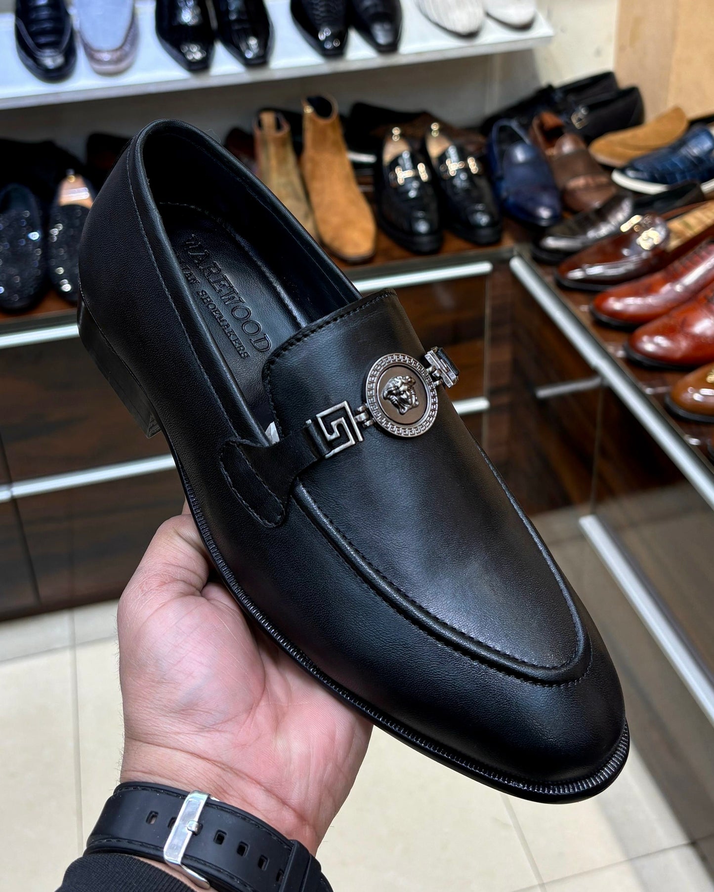 Black Calfskin Loafers with Silver Designer Horsebit