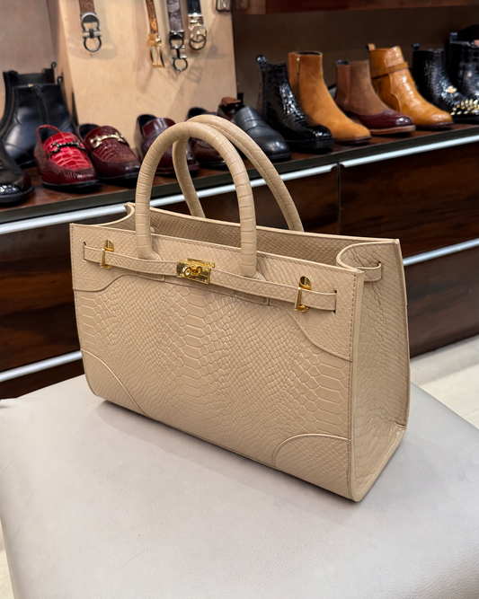 Beige Cobra Scaled Top Handle Handbag