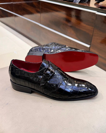 Black Crocodile Scaled Single Monks with Red Interior and Red Bottoms