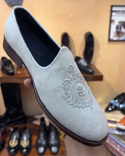 Off-white Suede Mojaris with Brown Wood Sole