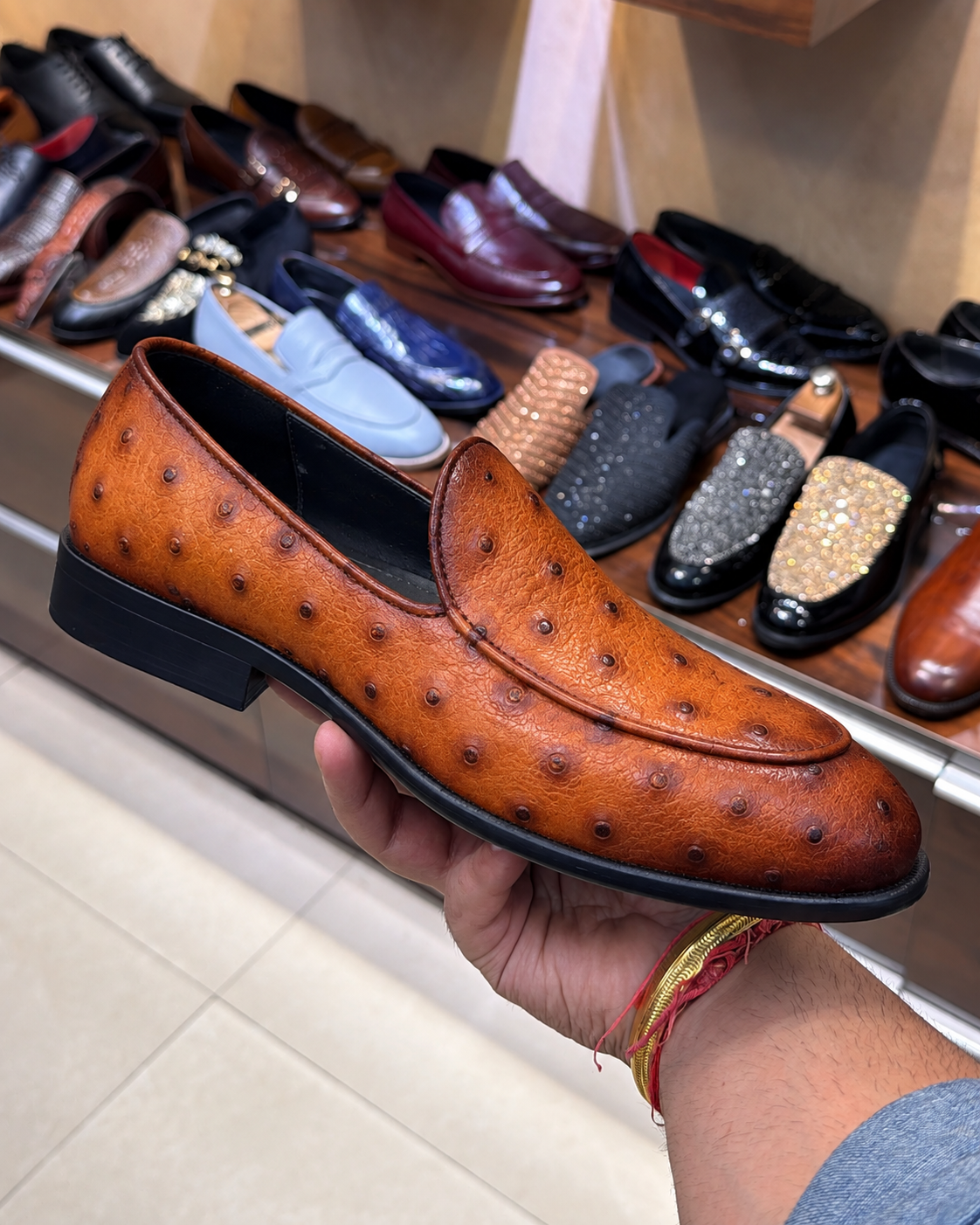 Burnished Tan Real Ostrich Skin Belgian Loafers