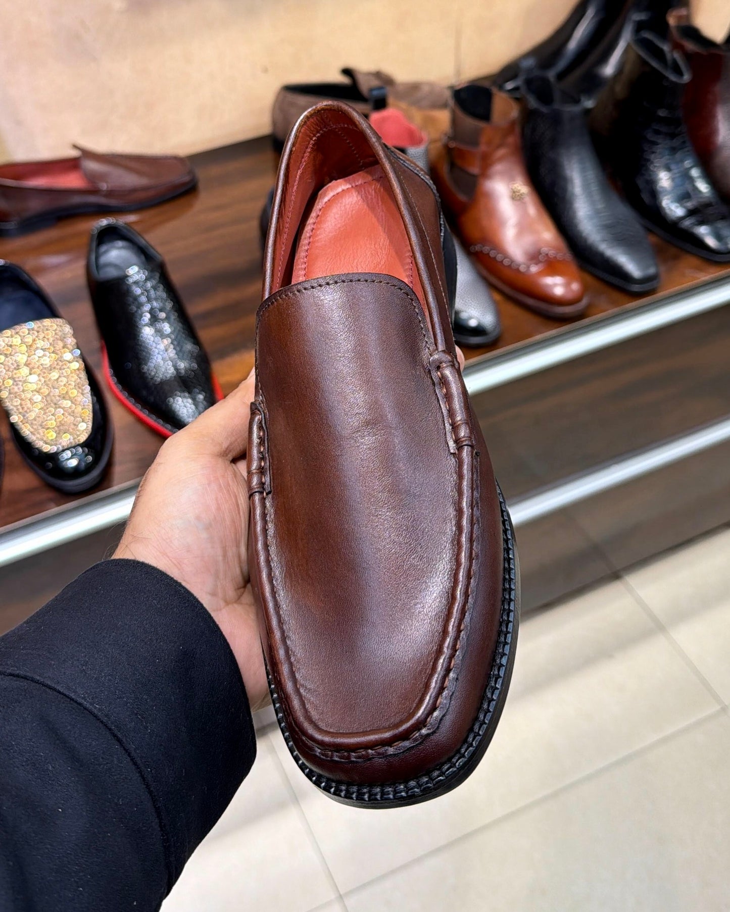 Classic Brown Hand-Stitched Apron Square-Toe Moccasins