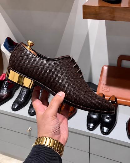 Brown Hand-Woven Leather Oxfords With Gold Heel