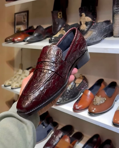 Crocodile Scaled T-Shape Penny Loafers in Wine Shade