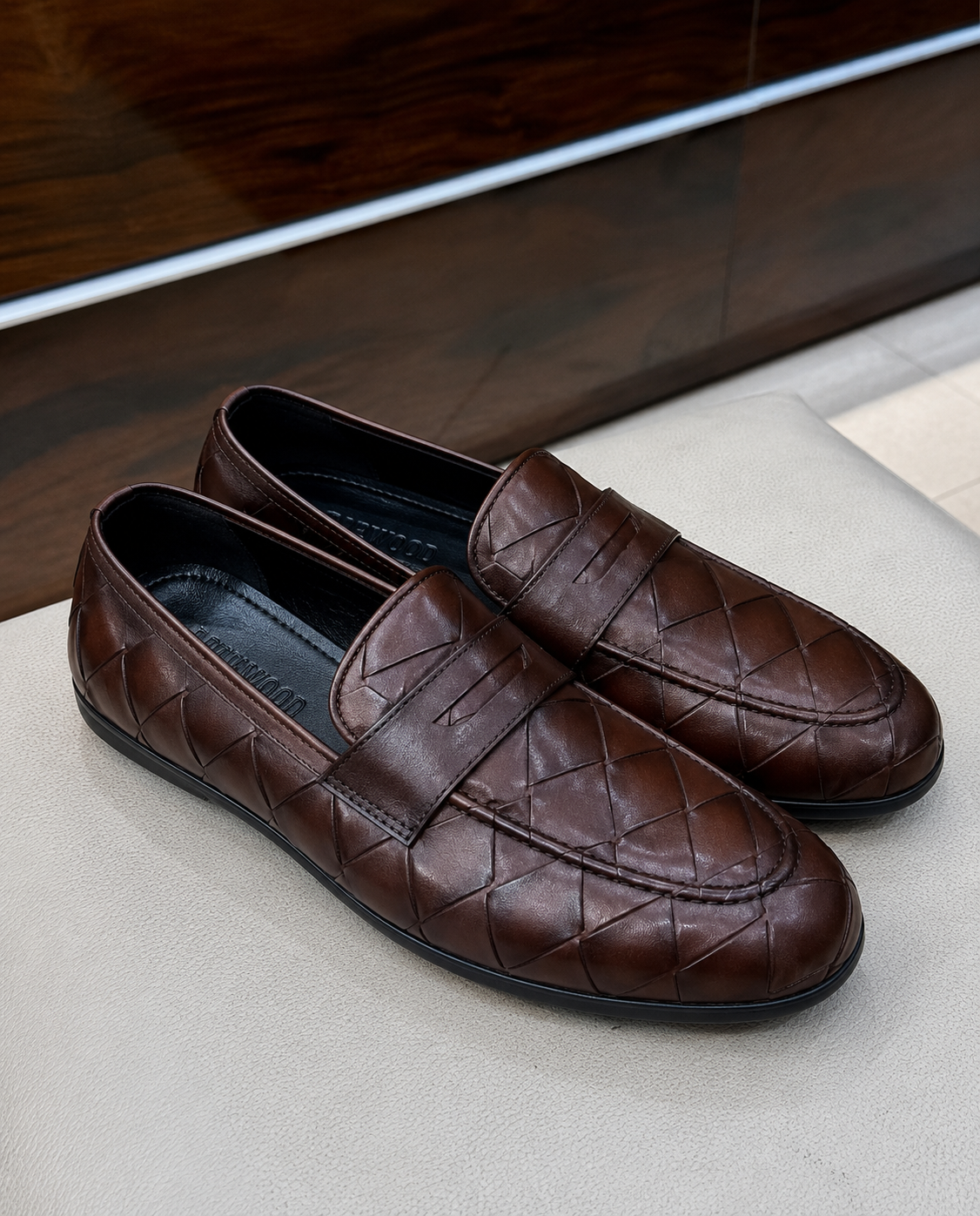 Brown Woven Driving Penny Loafers