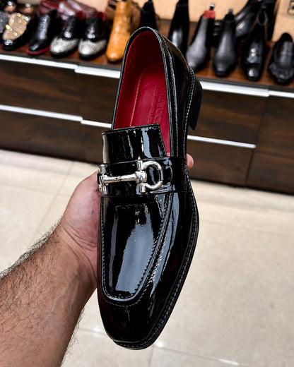 Black Patent Leather Silver Horsebit Loafers With Red Interior