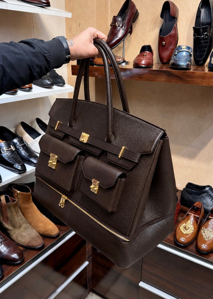 Dark Brown Full Grain Leather Travel Bag with Bottom Shoe Compartment