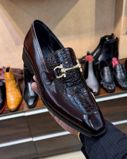 Espresso Brown Croco Gold Horsebit Loafers