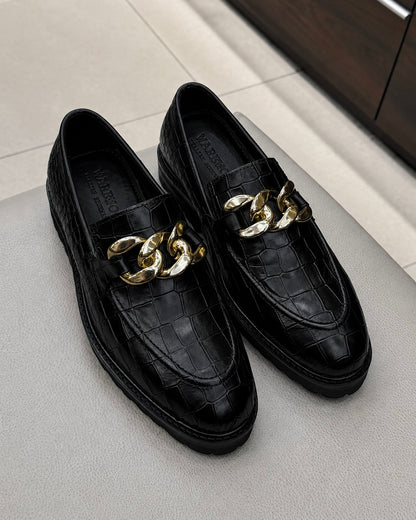 Black Crocodile Chunky Loafers With Gold Chain
