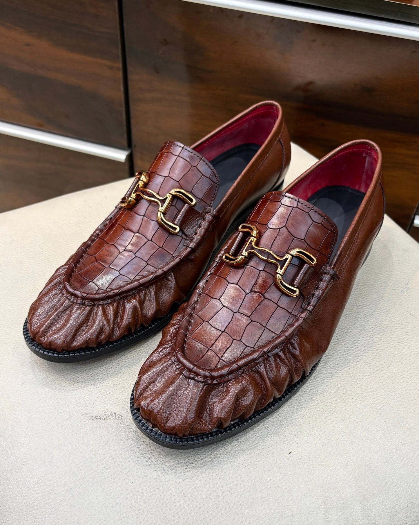Brown Full Grain And Croco Leather Horsebit Loafers