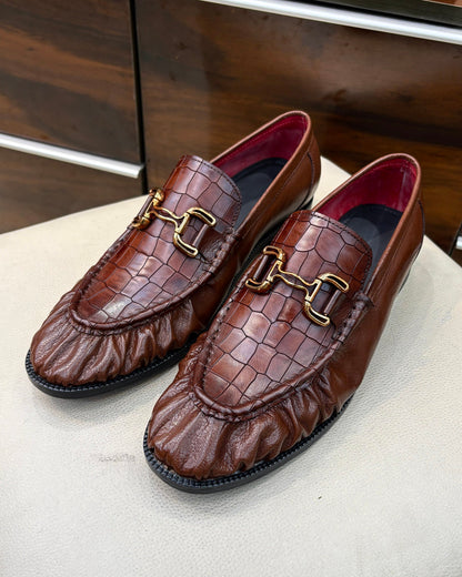 Brown Full Grain And Croco Leather Horsebit Loafers