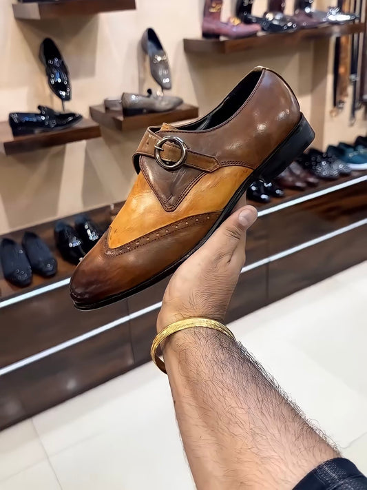 Dual-tone Patina Wing-tip Single Monks