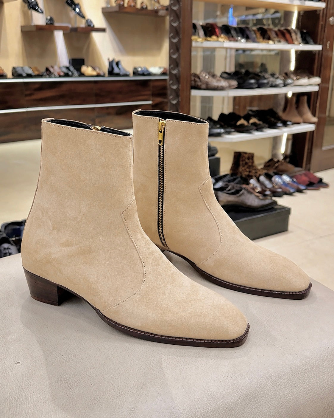 High-top Beige Suede Boots With Cuban Heel