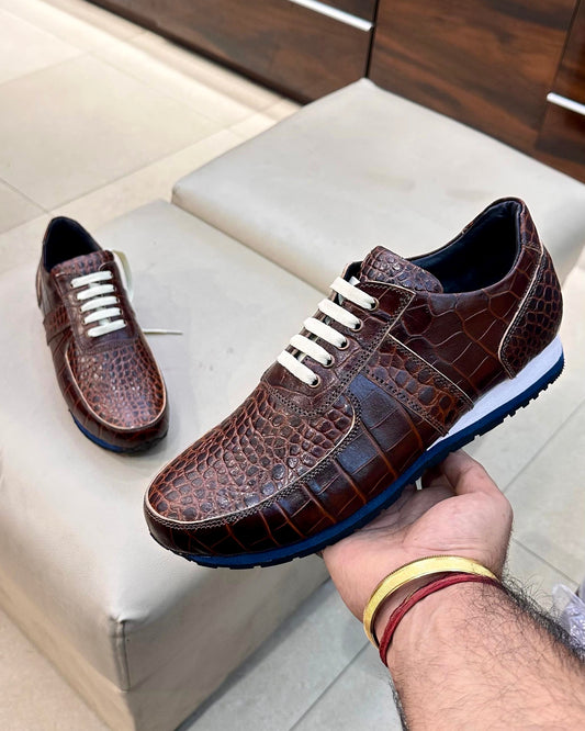 Brown Crocodile Scaled Lace-up Sneakers with Lightweight Eva Sole
