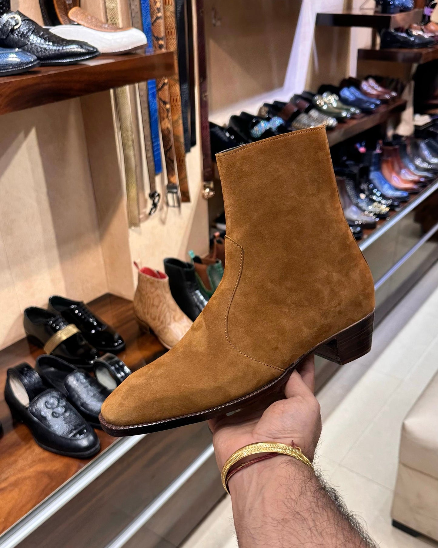 Tan Suede High-top Zip Boots with Cuban Heel