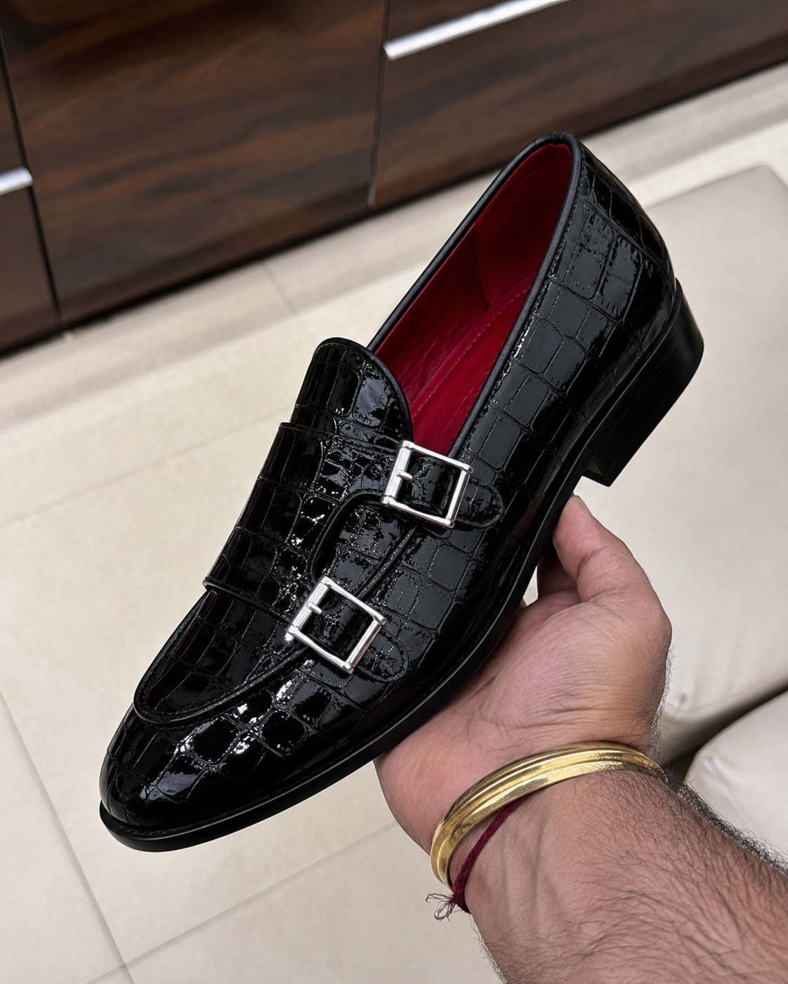 Black Patent Crocodile Double Monk Strap Loafers