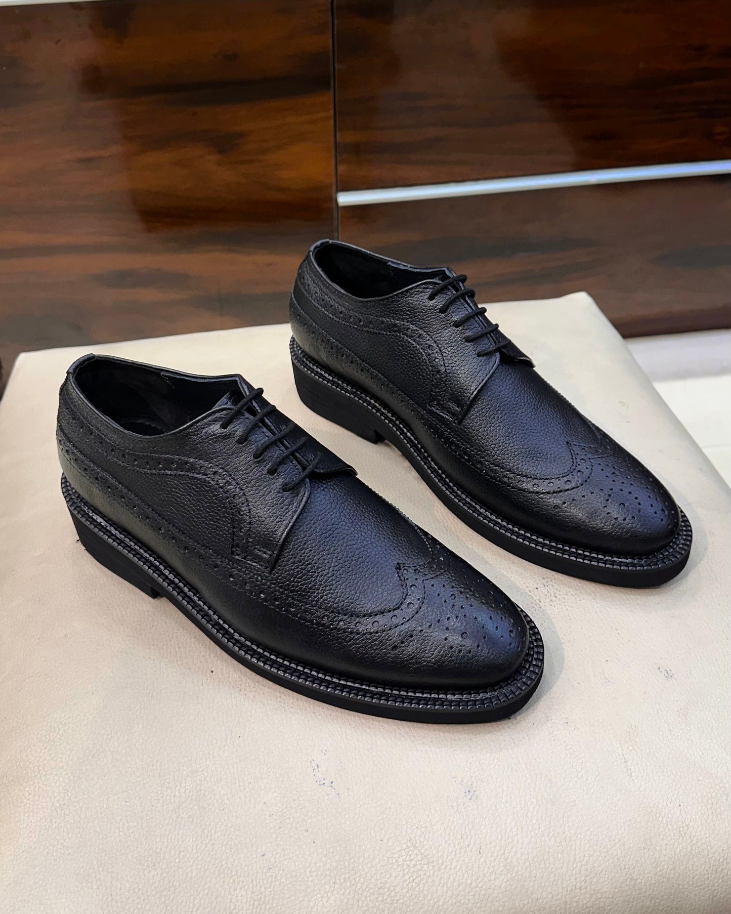 Classic Black Pebble Grain Leather Longwing Brogues