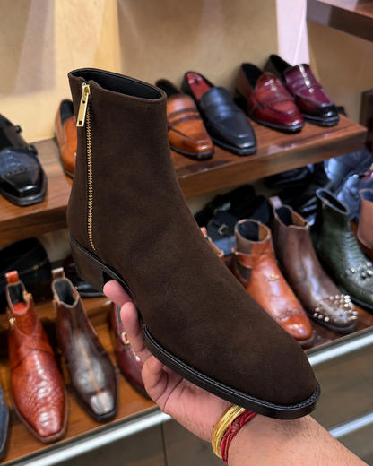 High-top Dark Brown Suede Boots With Cuban Heel