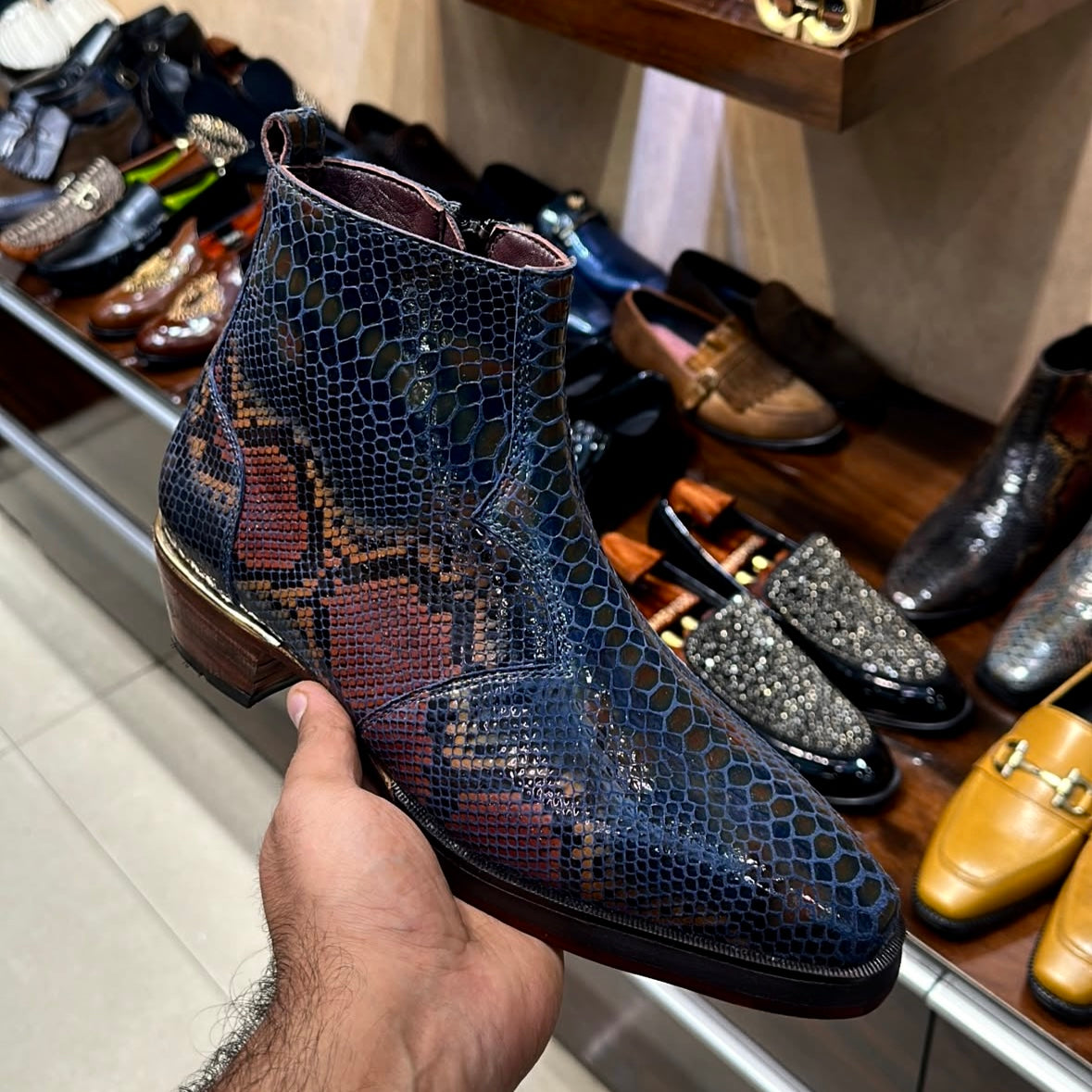 Exotic Blue Multicolor Zip Boots with Cuban Heel