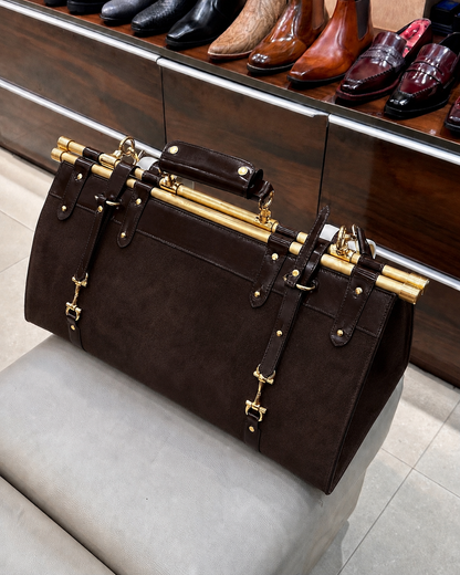 Dark Brown Suede Duffle Bag With Gold Pipes