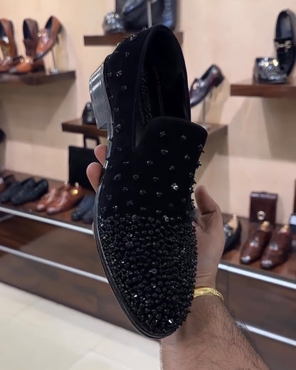 Black Suede Diamond Studded Moccasins