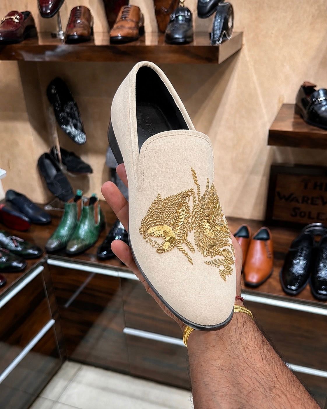 Beige Suede Gold Tiger Hand-embroidered Loafers