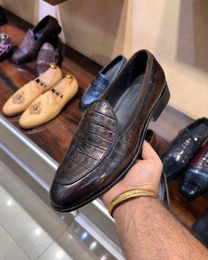 Tobacco Brown Croco Belgian Loafers