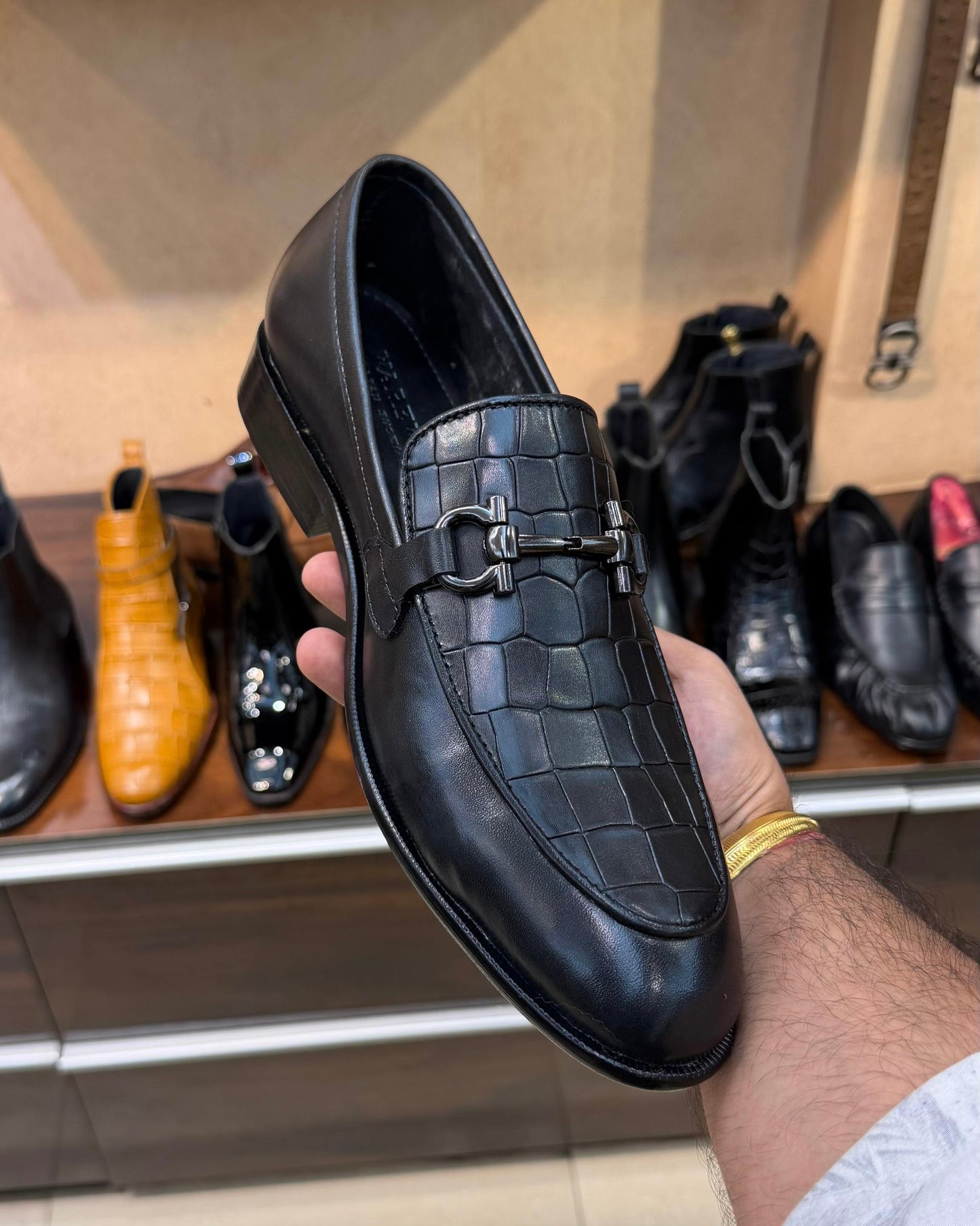 All Black Crocodile Scaled Gunmetal Horsebit Loafers