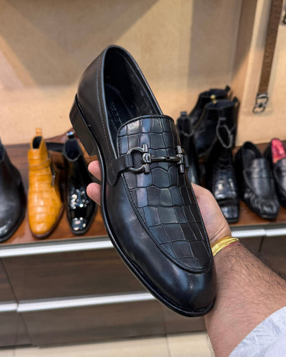 All Black Crocodile Scaled Gunmetal Horsebit Loafers
