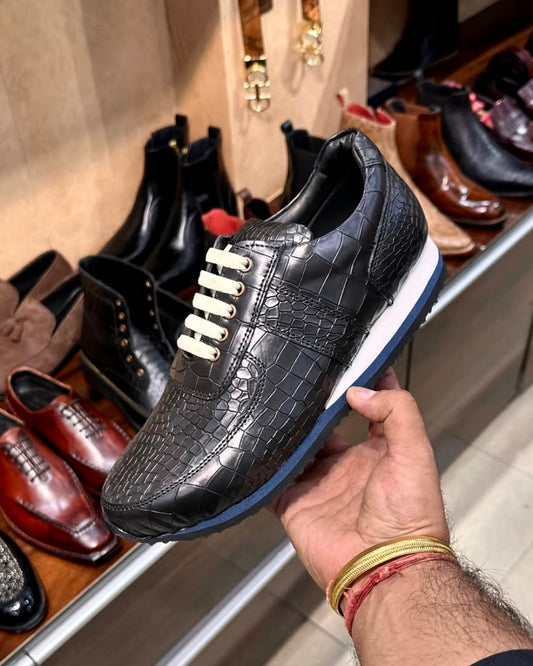 Lightweight Black Crocodile Scaled Sneakers with Eva Sole