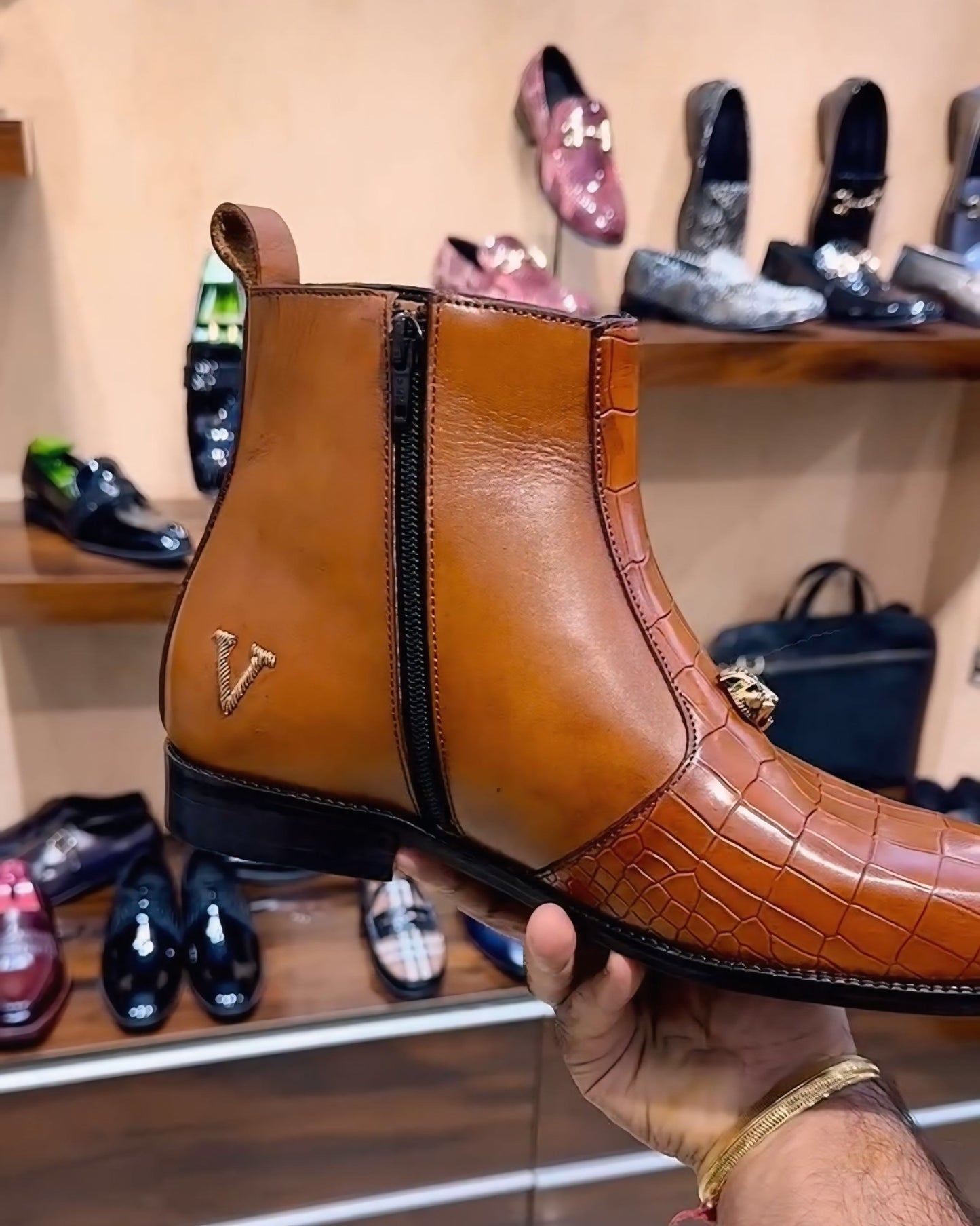 Sun Tan Patina Croco Zip Boots