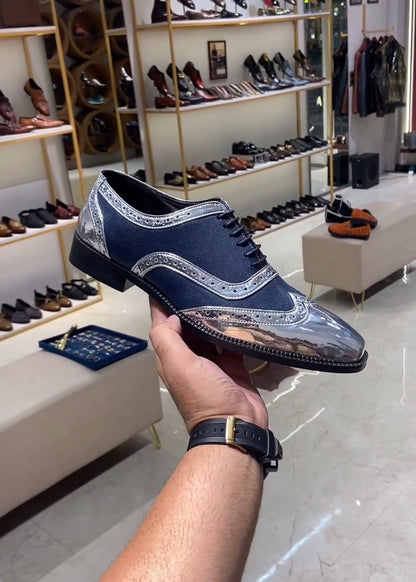 Silver Patent Semi-brogue Wingtip Spectator Oxfords